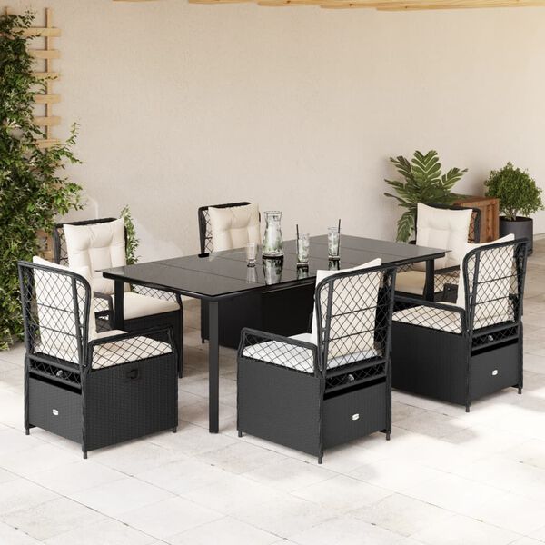 vidaXL 7-tlg. Garten-Essgruppe mit Kissen Schwarz Poly Rattan