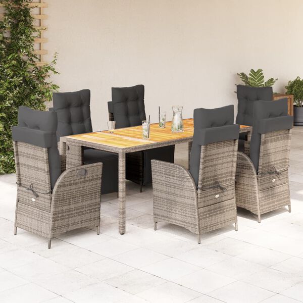 vidaXL 7-tlg. Garten-Essgruppe mit Kissen Grau Poly Rattan