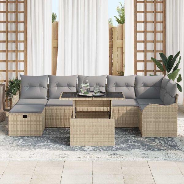 vidaXL Garten-Sofa-Set mit Kissen mit Speicher 8 pcs Beige Poly Rattan