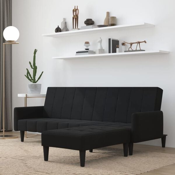 vidaXL Schlafsofa 2-Sitzer mit Hocker Schwarz Mikrofasergewebe