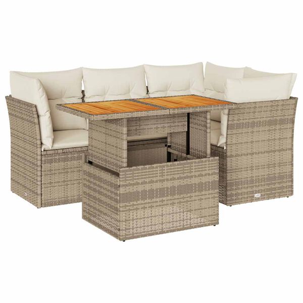 vidaXL 5-tlg. Garten-Sofagarnitur mit Kissen Beige Poly Rattan