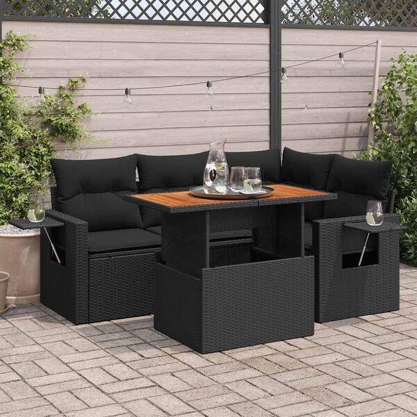 vidaXL 5-tlg. Garten-Sofagarnitur mit Kissen Schwarz Poly Rattan