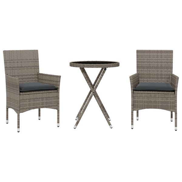 vidaXL 3-tlg. Bistro-Set mit Kissen Grau Poly Rattan und Glas