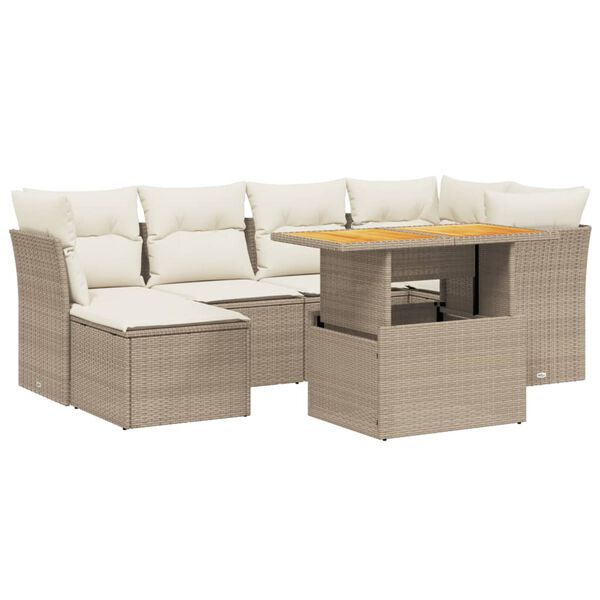 vidaXL 7-tlg. Garten-Sofagarnitur mit Kissen Beige Poly Rattan