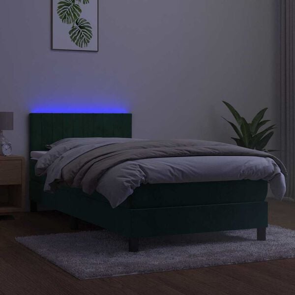 vidaXL Boxspringbett mit Matratze & LED Dunkelgr&uuml;n 90x190 cm Samt
