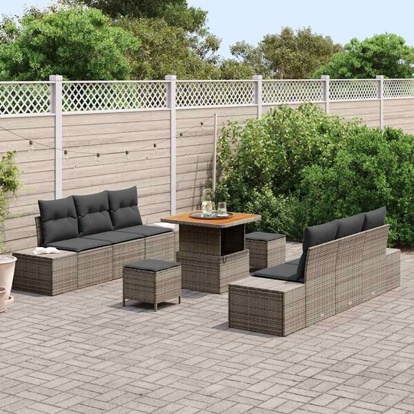 vidaXL Gartensofa-set mit Kissen mit Speicher 9 pcs Grau Poly Rattan