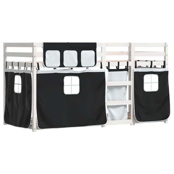 vidaXL Etagenbett mit Vorh&auml;ngen Wei&szlig; & Schwarz 75x190 cm Kiefernholz