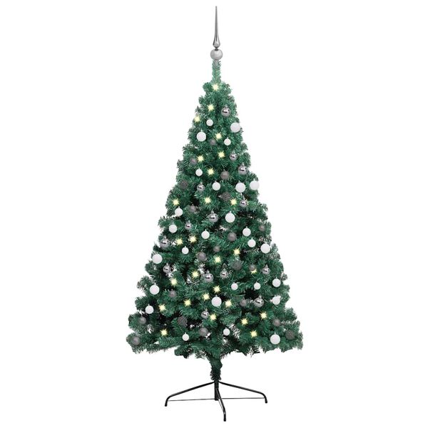 vidaXL K&uuml;nstlicher Halb-Weihnachtsbaum Beleuchtung Kugeln Gr&uuml;n 180 cm