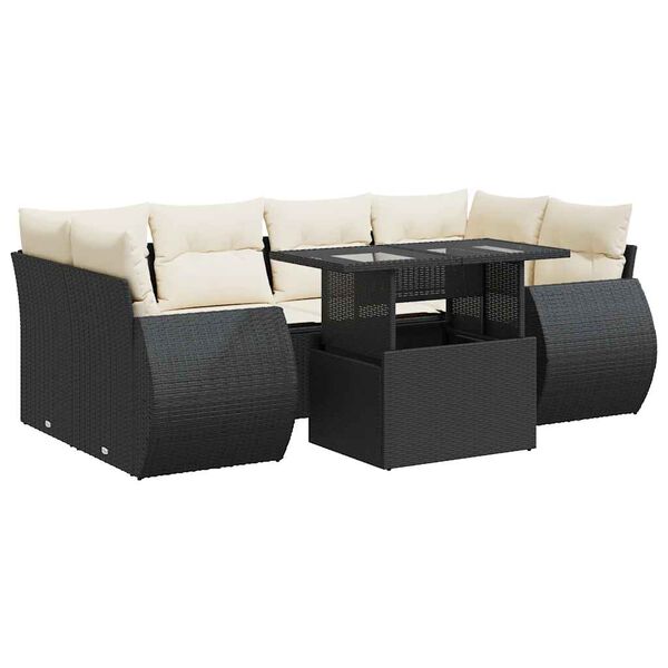 vidaXL 7-tlg. Garten-Sofagarnitur mit Kissen Schwarz Poly Rattan