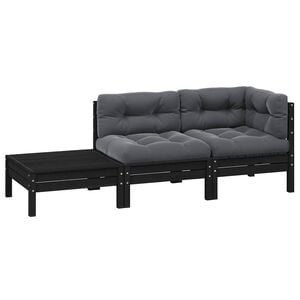 vidaXL 3-tlg. Garten-Lounge-Set mit Kissen Schwarz Kiefer Massivholz