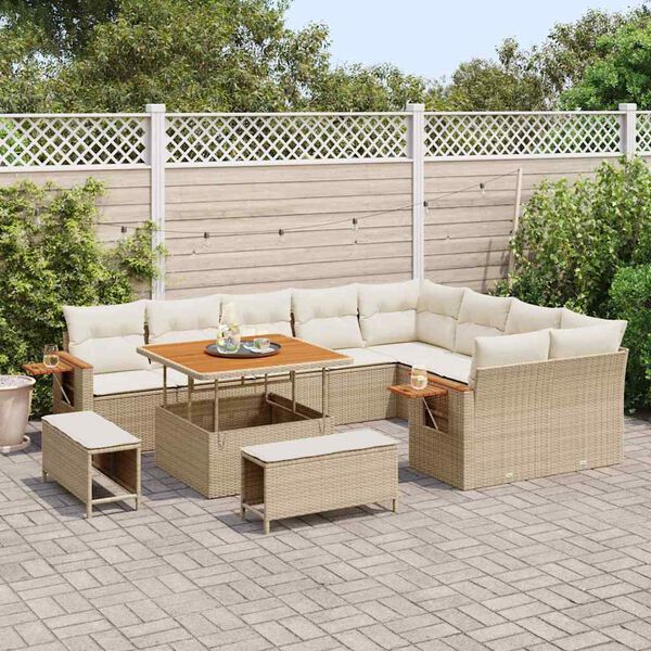 vidaXL Garten-Sofa-Set mit Kissen mit Speicher Beige Poly Rattan