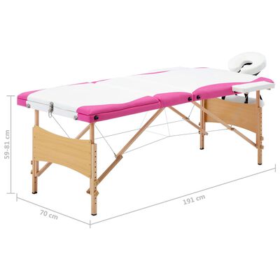 vidaXL Massageliege Klappbar 3-Zonen mit Holzgestell Weiß und Rosa