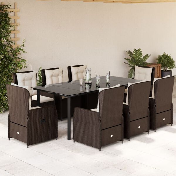 vidaXL 9-tlg. Garten-Essgruppe mit Kissen Braun Poly Rattan