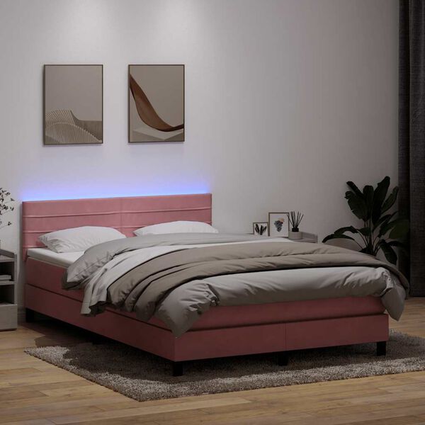 vidaXL Boxspringbett mit Matratze & LED Rosa 140x210 cm Samt