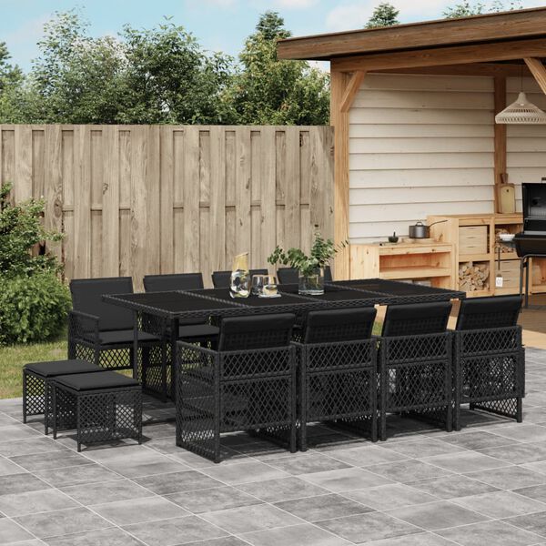 vidaXL 13-tlg. Garten-Essgruppe mit Kissen Schwarz Poly Rattan