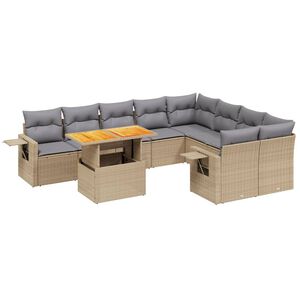 vidaXL 10-tlg. Garten-Sofagarnitur mit Kissen Beige Poly Rattan