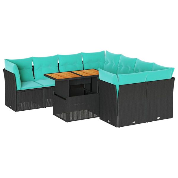 vidaXL 9-tlg. Garten-Sofagarnitur mit Kissen Schwarz Poly Rattan