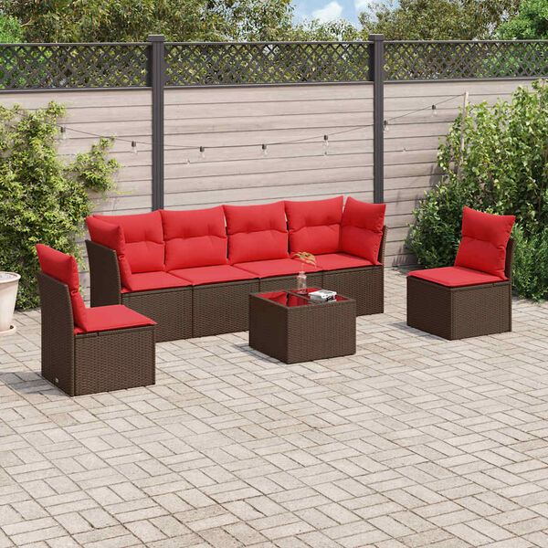 vidaXL 7-tlg. Garten-Sofagarnitur mit Kissen Braun Poly Rattan
