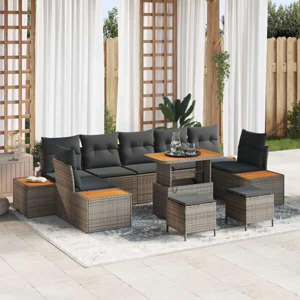 vidaXL Gartensofa-set mit Kissen mit Speicher 10 pcs Grau Poly Rattan