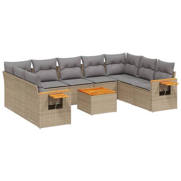 vidaXL 10-tlg. Garten-Sofagarnitur mit Kissen Beige Poly Rattan