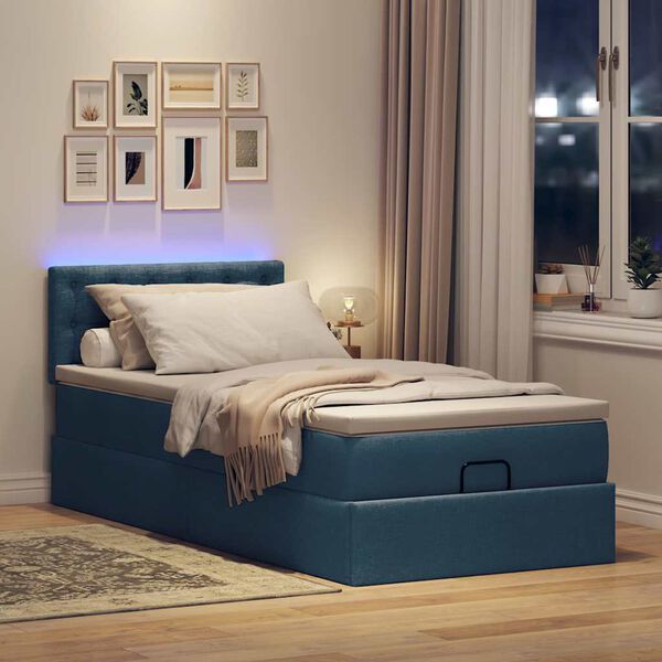 vidaXL Ottomane Bett mit Matratze & LEDs Blau 90x200 cm Stoff
