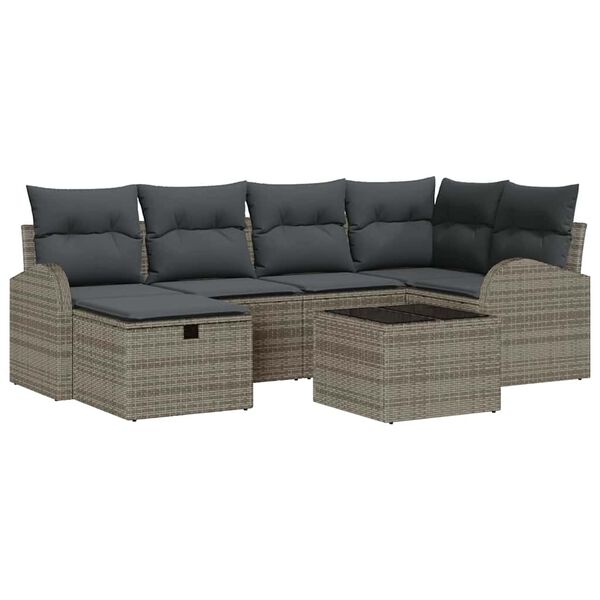 vidaXL Garten-Sofa-Set mit Kissen mit Speicher 7 pcs Grau Poly Rattan