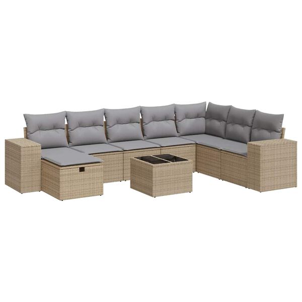 vidaXL 9-tlg. Garten-Sofagarnitur mit Kissen Beige Poly Rattan