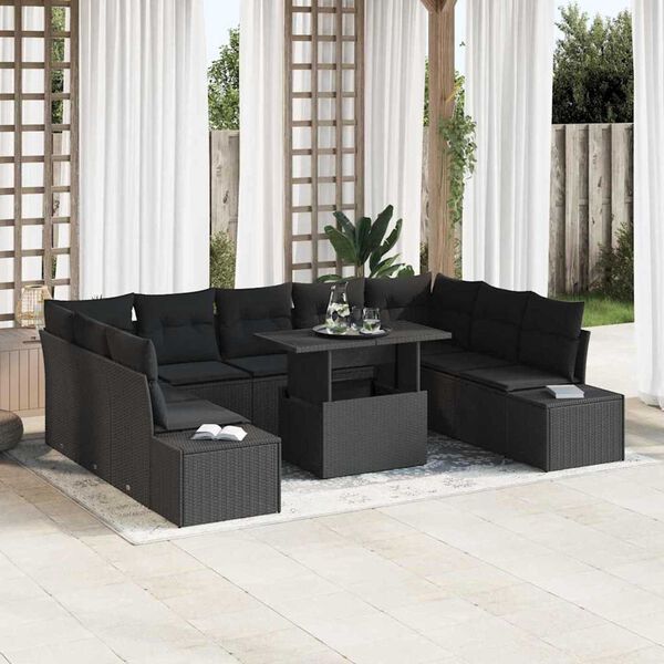 vidaXL Garten-Sofa-Set mit Speicher 10 pcs Schwarz Poly Rattan