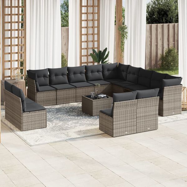 vidaXL 14-tlg. Garten-Sofagarnitur mit Kissen Grau Poly Rattan