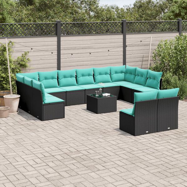 vidaXL 13-teiliges Gartensofa-Set mit Kissen, schwarzes Polyrattan