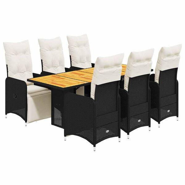 vidaXL 7-tlg. Garten-Bistro-Set mit Kissen Schwarz Poly Rattan