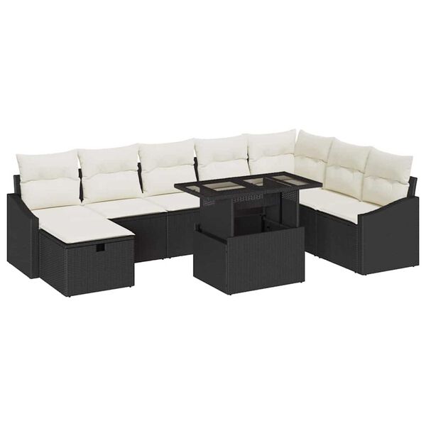 vidaXL Garten-Sofa-Set mit Kissen 9 pcs Schwarz Poly Rattan