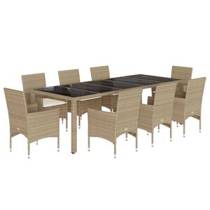 vidaXL 9-tlg. Garten-Essgruppe mit Kissen Beige Poly Rattan Glas