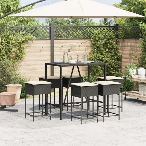 vidaXL 7-tlg. Gartenbar-Set mit Kissen Schwarz Poly Rattan