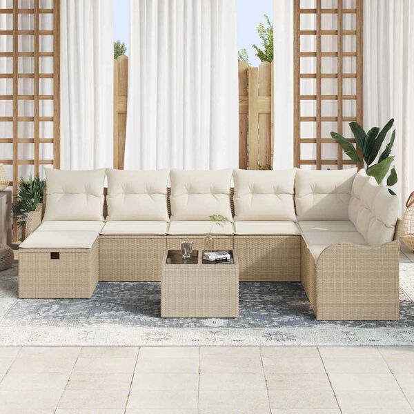 vidaXL Garten-Sofa-Set mit Kissen mit Speicher 9 pcs Beige Poly Rattan