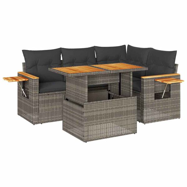 vidaXL 5-tlg. Garten-Sofagarnitur mit Kissen Grau Poly Rattan Akazie