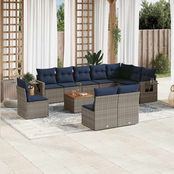 vidaXL 11-teiliges Gartensofa-Set mit Kissen, grau, Polyrattan