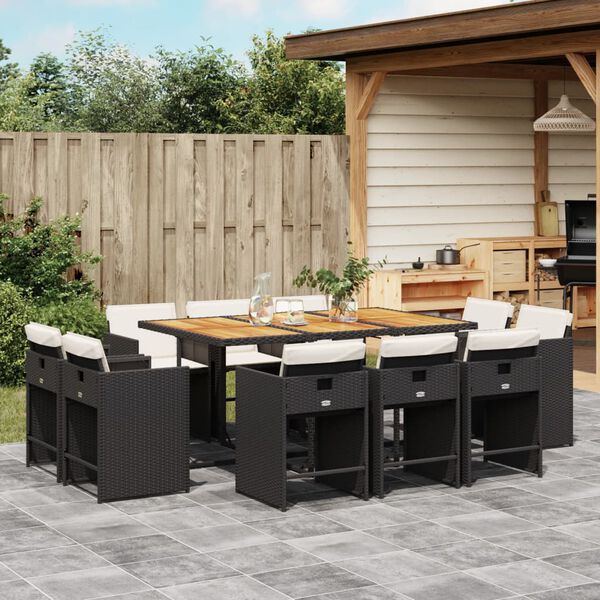 vidaXL 11-tlg. Garten-Essgruppe mit Kissen Schwarz Poly Rattan