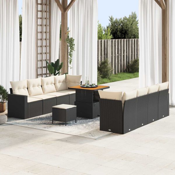 vidaXL Garten-Sofa-Set mit Kissen 11 pcs Schwarz und Creme