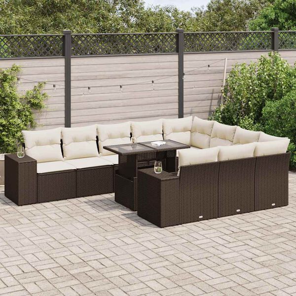 vidaXL 11-tlg. Garten-Sofagarnitur mit Kissen Braun Poly Rattan