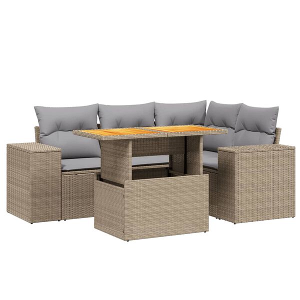 vidaXL 5-tlg. Garten-Sofagarnitur mit Kissen Beige Poly Rattan