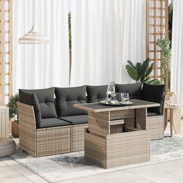 vidaXL 5-tlg. Garten-Sofagarnitur mit Kissen Grau Poly Rattan