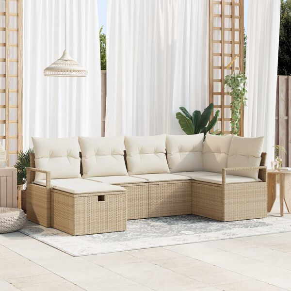 vidaXL Garten-Sofa-Set mit Kissen mit Speicher 6 pcs Beige Poly Rattan