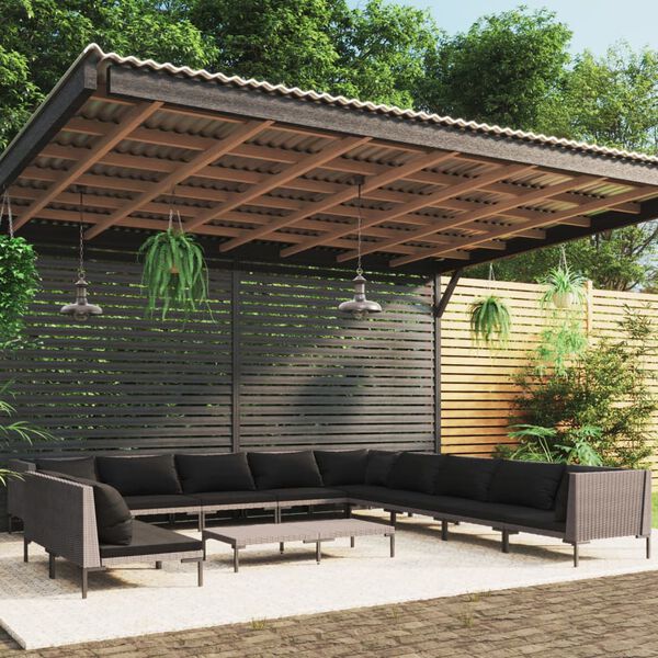 vidaXL 12-tlg. Garten-Lounge-Set mit Kissen Poly Rattan Dunkelgrau