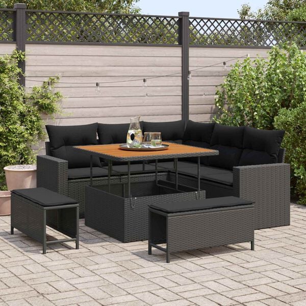 vidaXL Gartensofa-set mit Kissen 9 pcs Schwarz Poly-Rattan