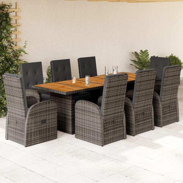 vidaXL 9-tlg. Garten-Essgruppe mit Kissen Grau Poly Rattan