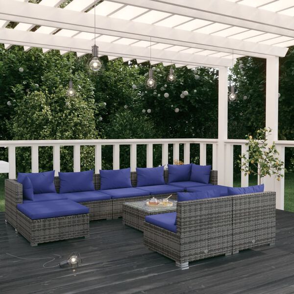 vidaXL 10-tlg. Garten-Lounge-Set mit Kissen Grau Poly Rattan