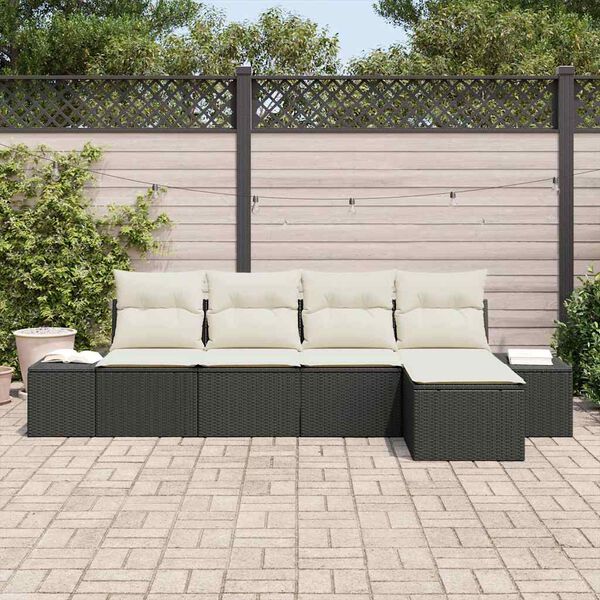 vidaXL Garten-Sofa-Set mit Kissen 5 pcs Schwarz und Creme Poly-Rattan