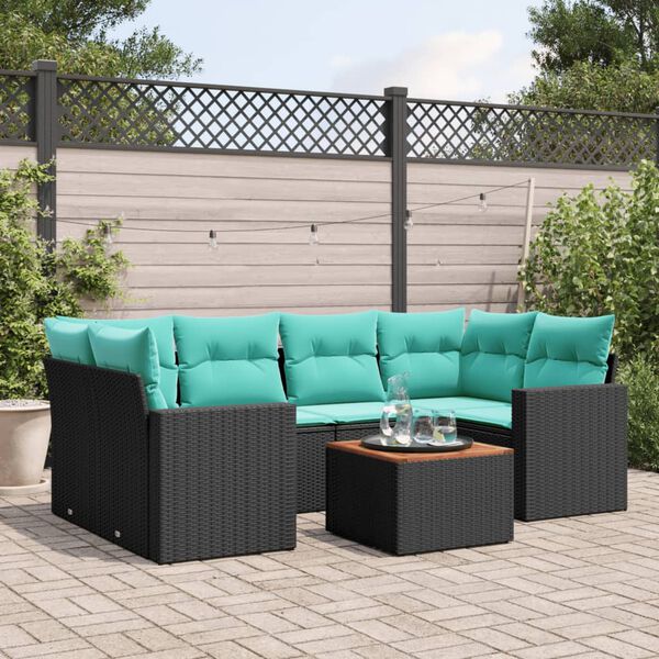 vidaXL 7-tlg. Garten-Sofagarnitur mit Kissen Schwarz Poly Rattan