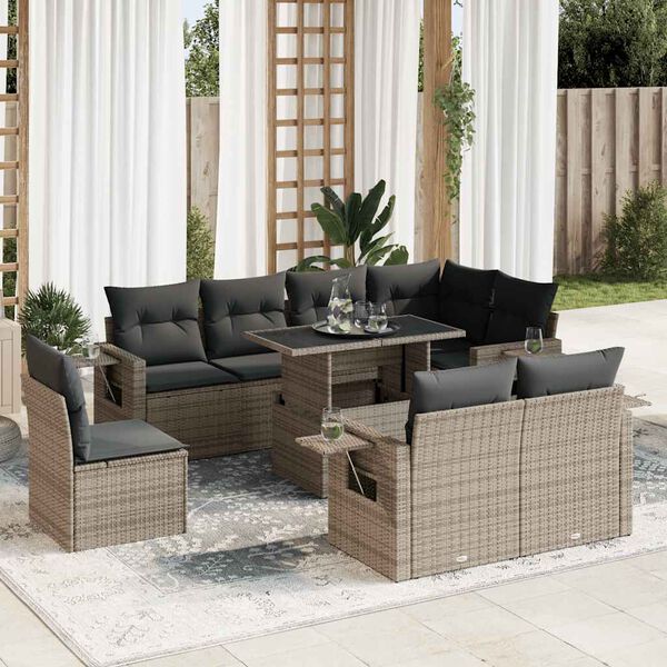 vidaXL 9-tlg. Garten-Sofagarnitur mit Kissen Grau Poly Rattan